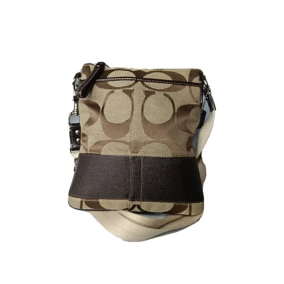 Coach Signature Swingpack Crossbody Khaki Brown Stripe Handbag Purse - Picture 6 of 8